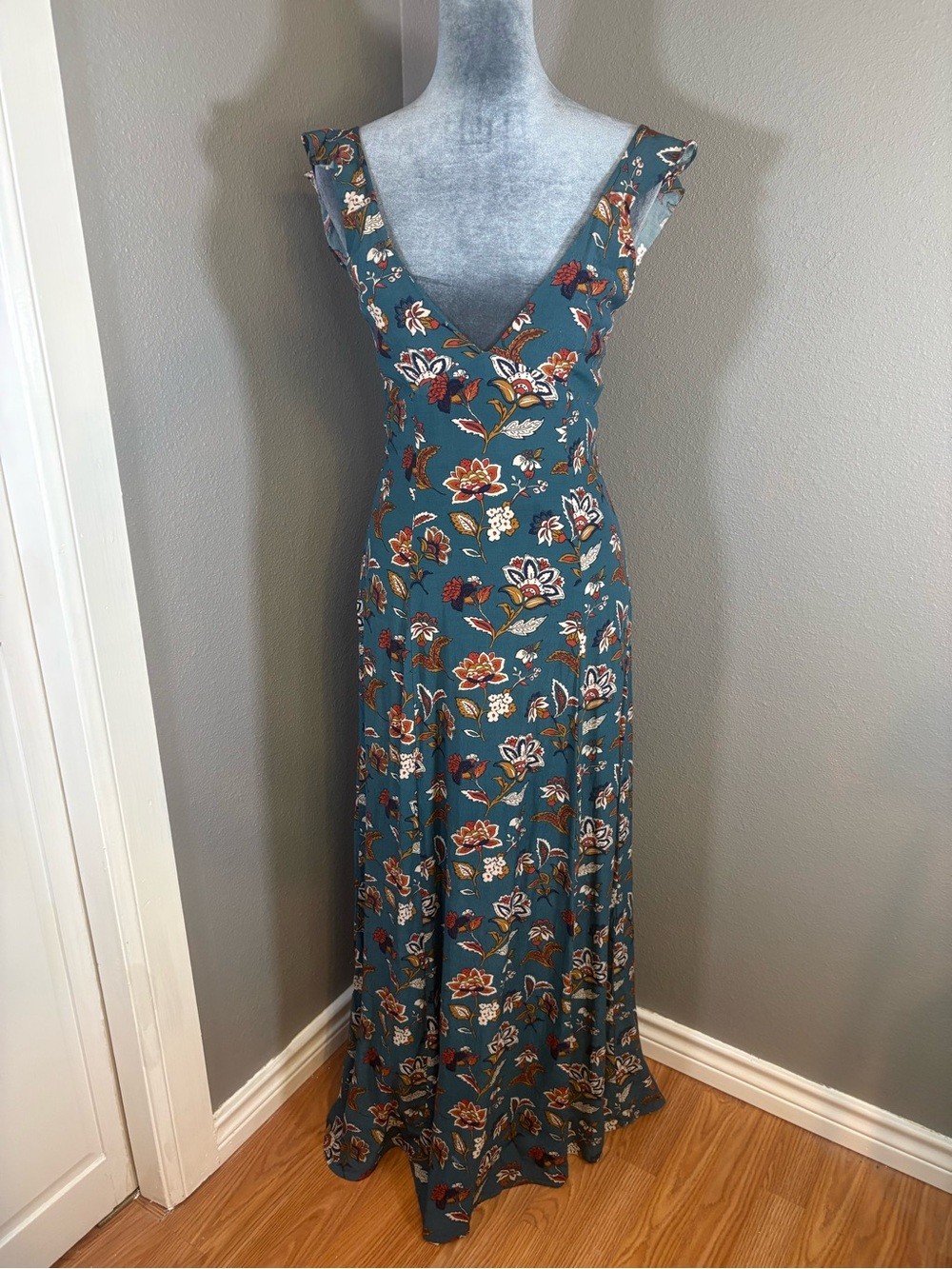 Dress Forum Teal Floral V-Neck Tie Back Maxi Dress Size S